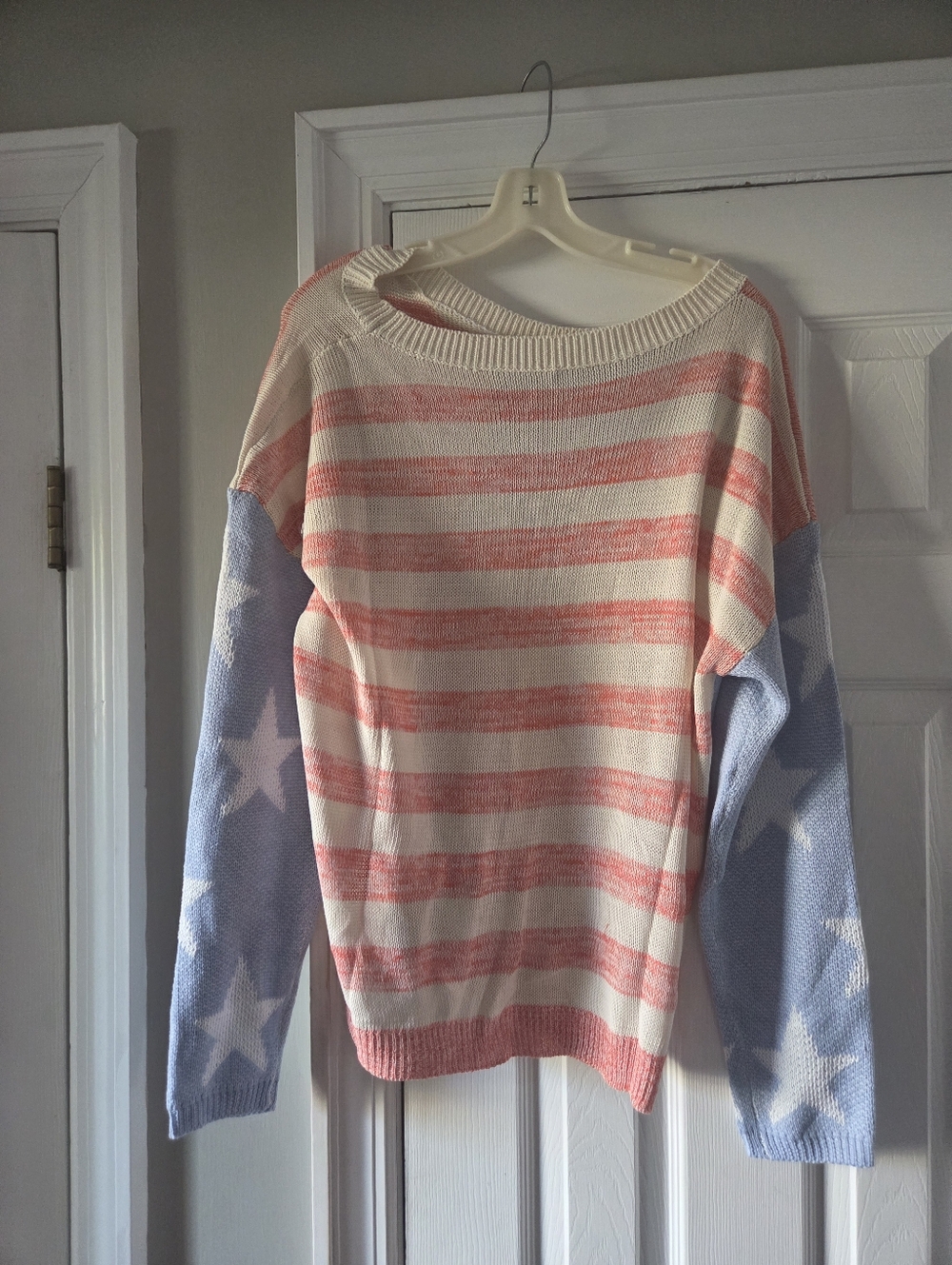 Women’s Flag Print Crewneck Sweater - Pastel Blue & Cream with Pink Stripes NWOT - Picture 4 of 4